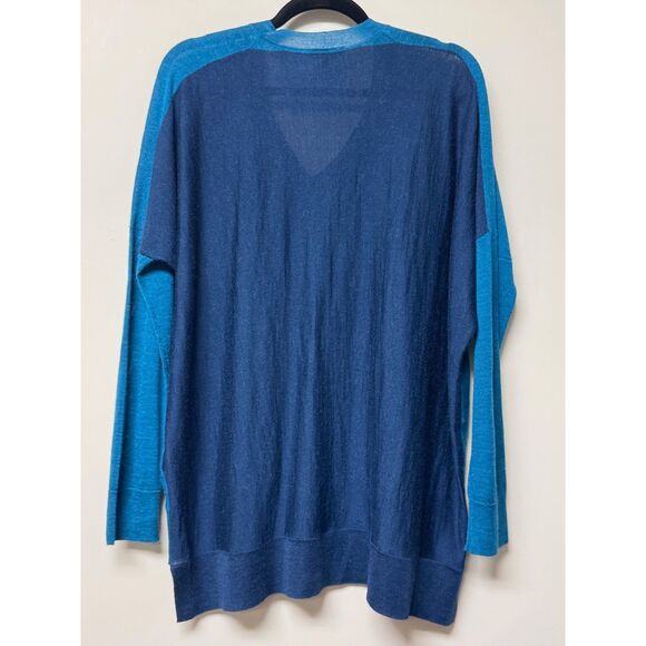 EILEEN FISHER Artic Green Royal Alpaca Colorblock V-Neck Sweater, Sz M - Picture 6 of 9